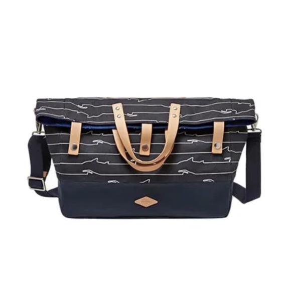 Fossil Navy Blue Print Gordon Large Foldover Tote Crossbody Beach Carryall Bag - Picture 1 of 16